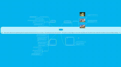 Mind Map: The .  Open public plaza were the gathering places for people and were the more important areas.  The inside spaces were less important.  Cities grew by using bridges to connect the big plazas with the platforms that created the foundation for almost all Maya buildings.