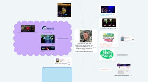 Mind Map: Celebrating 10 Years with MindMeister with a map of  the many things it helped me to design, organize, and create. ---- https://MarkMosherMusic.com