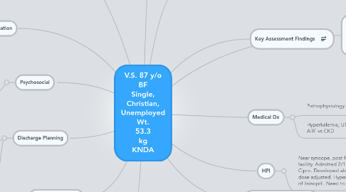 Mind Map: V.S. 87 y/o BF Single, Christian, Unemployed Wt. 53.3 kg KNDA