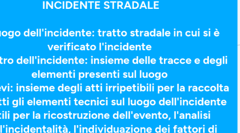 Mind Map: ADEMPIMENTI PRELIMINARI IN CASO DI INCIDENTE STRADALE - Luogo dell'incidente: tratto stradale in cui si è verificato l'incidente - Teatro dell'incidente: insieme delle tracce e degli elementi presenti sul luogo - Rilievi: insieme degli atti irripetibili per la raccolta di tutti gli elementi tecnici sul luogo dell'incidente utili per la ricostruzione dell'evento, l'analisi dell'incidentalità, l'individuazione dei fattori di rischio ed il miglioramento della sicurezza stradale - Tecniche di rilievo: RD, RM, RP, RF