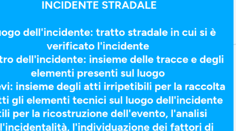 Mind Map: ADEMPIMENTI PRELIMINARI IN CASO DI INCIDENTE STRADALE  - Luogo dell'incidente: tratto stradale in cui si è verificato l'incidente  - Teatro dell'incidente: insieme delle tracce e degli elementi presenti sul luogo  - Rilievi: insieme degli atti irripetibili per la raccolta di tutti gli elementi tecnici sul luogo dell'incidente utili per la ricostruzione dell'evento, l'analisi dell'incidentalità, l'individuazione dei fattori di rischio ed il miglioramento della sicurezza stradale  - Tecniche di rilievo:   RD, RM, RP, RF