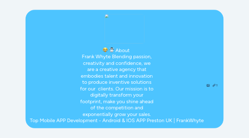 Mind Map: About  Frank Whyte Blending passion, creativity and confidence, we are a creative agency that embodies talent and innovation to produce inventive solutions for our  clients. Our mission is to digitally transform your footprint, make you shine ahead of the competition and exponentially grow your sales. Top Mobile APP Development - Android & IOS APP Preston UK | FrankWhyte