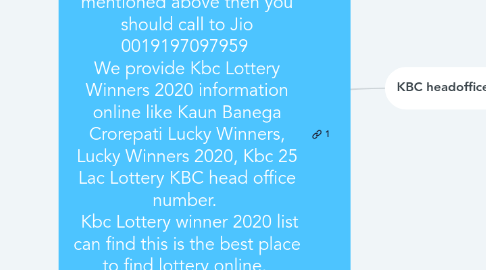 Mind Map: Dear Customer, You may receive many calls these days about Whatsapp Lottery Winners 2020. They said you are Whatsapp Lucky Winner and you have to follow some company rules. If you receive these type of calls which we have mentioned above then you should call to Jio 0019197097959 We provide Kbc Lottery Winners 2020 information online like Kaun Banega Crorepati Lucky Winners, Lucky Winners 2020, Kbc 25 Lac Lottery KBC head office number. Kbc Lottery winner 2020 list can find this is the best place to find lottery online. here if you are interested in the program of the lucky draw program tv show sony live Kaun Banega crorepati then this is the right place for you. you can get a chance to win so be a Kbc Lottery Winner in this year 2020 maybe this is your lucky year.