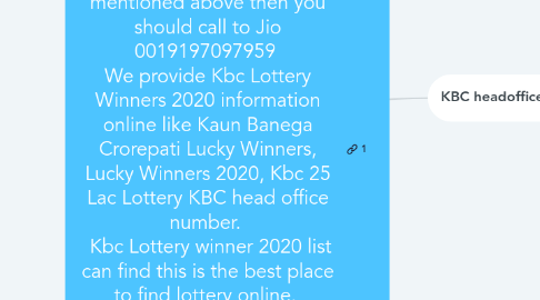 Mind Map: Dear Customer, You may receive many calls these days about Whatsapp Lottery Winners 2020.   They said you are Whatsapp Lucky Winner and you have to follow some company rules.  If you receive these type of calls which we have mentioned above then you should call to Jio 0019197097959  We provide Kbc Lottery Winners 2020 information online like Kaun Banega Crorepati Lucky Winners, Lucky Winners 2020, Kbc 25 Lac Lottery KBC head office number.   Kbc Lottery winner 2020 list can find this is the best place to find lottery online.  here if you are interested in the program of the lucky draw program tv show sony live Kaun Banega crorepati then this is the right place for you.   you can get a chance to win so be a Kbc Lottery Winner in this year 2020 maybe this is your lucky year.