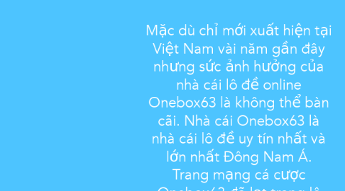 Mind Map: Mặc dù chỉ mới xuất hiện tại Việt Nam vài năm gần đây nhưng sức ảnh hưởng của nhà cái lô đề online Onebox63 là không thể bàn cãi. Nhà cái Onebox63 là nhà cái lô đề uy tín nhất và lớn nhất Đông Nam Á. Trang mạng cá cược Onebox63 đã lọt trang lô đề online uy tín và hoạt động hợp pháp tại Campuchia (Giấy phép PAGCOR số OGL16-0023) được giám sát bởi tổ chức Gaming Associates. Tham khảo thêm tại Onebox63 - Nhà Cái Cá Cược Bóng Đá - Lô Đề Online Uy Tín Nhất Việt Nam Hiện Nay