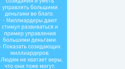 Mind Map: Цели. - Пробудить сердца и души людей, повысить осознанность. - Помочь людям восстановить мышление созидания и уметь управлять большими деньгами во благо. - Миллиардеры дают стимул развиваться и пример управления большими деньгами. - Показать созидающих миллиардеров. - Людям не хватает веры, что они тоже могут. - Вера в себя, любить себя, я достоин. - Создает созидательное мышление с помощью героев, методики, экспертов