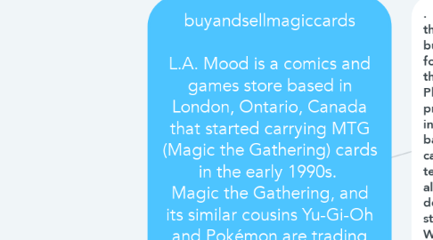Mind Map: buyandsellmagiccards  L.A. Mood is a comics and games store based in London, Ontario, Canada that started carrying MTG (Magic the Gathering) cards in the early 1990s.  Magic the Gathering, and its similar cousins Yu-Gi-Oh and Pokémon are trading card games.    Players use their sets against one another in order to battle each other.  Due to the compact size of the game these battles can break out almost anywhere.