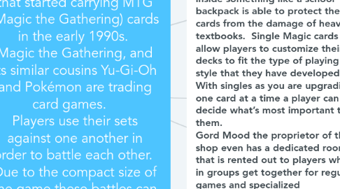 Mind Map: buyandsellmagiccards  L.A. Mood is a comics and games store based in London, Ontario, Canada that started carrying MTG (Magic the Gathering) cards in the early 1990s.  Magic the Gathering, and its similar cousins Yu-Gi-Oh and Pokémon are trading card games.    Players use their sets against one another in order to battle each other.  Due to the compact size of the game these battles can break out almost anywhere.