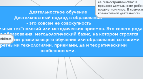 Mind Map: Деятельностное обучение Деятельностный подход в образовании  - это совсем не совокупность образовательных технологий или методических приемов. Это своего рода философия образования, методологический базис, на котором строятся различные системы развивающего обучения или образования со своими конкретными технологиями, приемами, да и теоретическими особенностями.