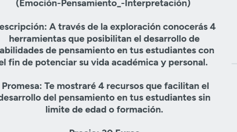 Mind Map: Atreviéndonos a Enseñar a Pensar con E.P.I. (Emoción-Pensamiento_-Interpretación) Descripción: A través de la exploración conocerás 4 herramientas que posibilitan el desarrollo de habilidades de pensamiento en tus estudiantes con el fin de potenciar su vida académica y personal. Promesa: Te mostraré 4 recursos que facilitan el desarrollo del pensamiento en tus estudiantes sin limite de edad o formación. Precio: 30 Euros