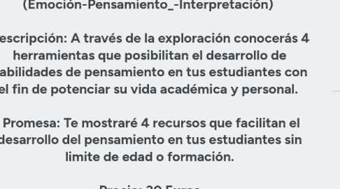 Mind Map: Atreviéndonos a Enseñar a Pensar con E.P.I. (Emoción-Pensamiento_-Interpretación)   Descripción: A través de la exploración conocerás 4 herramientas que posibilitan el desarrollo de habilidades de pensamiento en tus estudiantes con el fin de potenciar su vida académica y personal.    Promesa: Te mostraré 4 recursos que facilitan el desarrollo del pensamiento en tus estudiantes sin limite de edad o formación.  Precio: 30 Euros