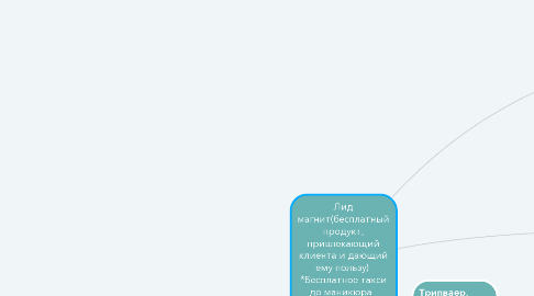 Mind Map: Лид магнит(бесплатный продукт, привлекающий клиента и дающий ему пользу)  *Бесплатное такси до маникюра   *Наши бесплатные инфопродукты