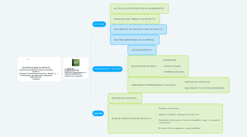 Mind Map: GESTIÓN DE ALCANCE DEL PROYECTO: Documento que describe el modo y el momento en que se entregarán los beneficios del proyecto, y describe los mecanismos que deben estar a disposición para medir esos beneficios