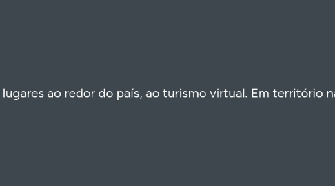 Mind Map: Por que turismo virtual é mais seguro? Outra linha de covid-19, as companhias aéreas empresas de turismo tiveram que adiar pacotes e até fechar as portas física. Conteúdo, mesmo isolamento, a uma forma de conhecer novos lugares ao redor do país, ao turismo virtual. Em território nacional a alguns representantes do ramo que disponibilizam roteiros de viagens online e passeios por videoconferência em decorrência da crise econômica que se alastrou em todo mundo.