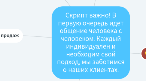 Mind Map: Скрипт важно! В первую очередь идет общение человека с человеком. Каждый индивидуален и необходим свой подход, мы заботимся о наших клиентах.