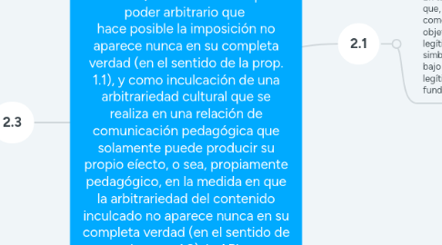 Mind Map: 2.En tanto que poder de violencia simbólica que  se ejerce en una relación de comunicación que sólo    pueden producir su efecto propio, o sea, propiamente  simbólico, en la medida en que el poder arbitrario que  hace posible la imposición no aparece nunca en su completa verdad (en el sentido de la prop. 1.1), y como inculcación de una arbitrariedad cultural que se realiza en una relación de comunicación pedagógica que solamente puede producir su propio eíecto, o sea, propiamente pedagógico, en la medida en que la arbitrariedad del contenido inculcado no aparece nunca en su completa verdad (en el sentido de la prop. 1.2), la AP'  implica necesariamente como condición social para su  ejercicio la autoridad pedagógica (AuP) y la autonomía  relativa de la instancia encargada de ejercerla.