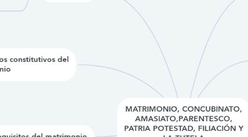 Mind Map: MATRIMONIO, CONCUBINATO, AMASIATO,PARENTESCO, PATRIA POTESTAD, FILIACIÓN Y LA TUTELA