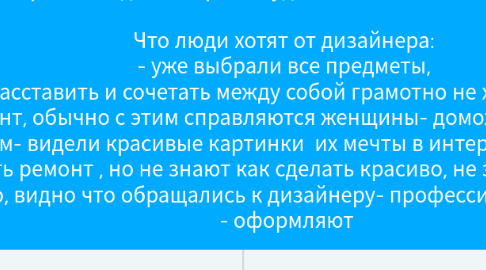 Mind Map: Проект -Я дизайнер со студией мебели и аксессуаров Что люди хотят от дизайнера: - уже выбрали все предметы, а как расставить и сочетать между собой грамотно не хватает знаний ( это худший вариант, обычно с этим справляются женщины- домохозяйки с хорошим вкусом) - купили квартиру или дом- видели красивые картинки их мечты в интернете , но не могут сами воплотить - хотят обновить ремонт , но не знают как сделать красиво, не знают рынка материалов - хотят ремонт сделать модно, необычно, видно что обращались к дизайнеру- профессиналу, но жить им в этом должно быть комфортно - оформляют