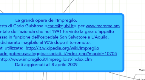 Mind Map: Le grandi opere dell'Impregilo. Una grafinchiesta di Carlo Gubitosa <carlo@gubi.it> per www.mamma.am Mappa mentale dell'azienda che nel 1991 ha vinto la gara d'appalto per la messa in funzione dell'ospedale San Salvatore a L'Aquila,  dichiarato inagibile al 90% dopo il terremoto.  Fonti utilizzate:  http://it.wikipedia.org/wiki/Impregilo  http://mappadelpotere.casaleggioassociati.it/index.php?mapid=10705  http://www.impregilo.it/Impregiloist/index.cfm  Dati aggiornati all'8 aprile 2009