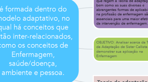 Mind Map: é formada dentro do modelo adaptativo, no qual há conceitos que estão inter-relacionados, como os conceitos de Enfermagem, saúde/doença, ambiente e pessoa.