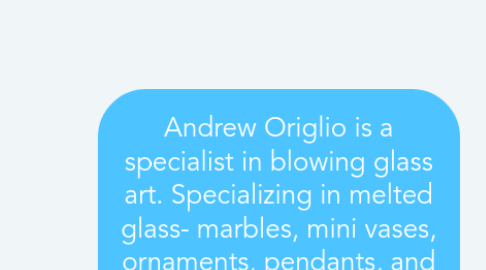 Mind Map: Andrew Origlio is a specialist in blowing glass art. Specializing in melted glass- marbles, mini vases, ornaments, pendants, and pins