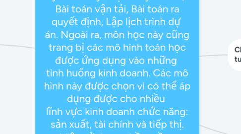 Mind Map: Phân tích định lượng:Môn này cung cấp cho sinh viên một số phương pháp định lượng cơ bản dùng trong quản  lý như: Quy hoạch tuyến tính, Bài toán vận tải, Bài toán ra quyết định, Lập lịch trình dự  án. Ngoài ra, môn học này cũng trang bị các mô hình toán học được ứng dụng vào những  tình huống kinh doanh. Các mô hình này được chọn vì có thể áp dụng được cho nhiều  lĩnh vực kinh doanh chức năng: sản xuất, tài chính và tiếp thị. Việc sử dụng phần mềm  Excel, phần mềm Excel QM & QM , Win QSB để giải các bài toán được vận dụng trong  môn học này