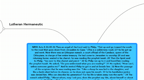 Mind Map: NRSV Acts 8:26-40 26 Then an angel of the Lord said to Philip, “Get up and go toward the south to the road that goes down from Jerusalem to Gaza.” (This is a wilderness road.) 27 So he got up  and went. Now there was an Ethiopian eunuch, a court official of the Candace, queen of the  Ethiopians, in charge of her entire treasury. He had come to Jerusalem to worship 28 and was  returning home; seated in his chariot, he was reading the prophet Isaiah. 29 Then the Spirit said  to Philip, “Go over to this chariot and join it.” 30 So Philip ran up to it and heard him reading  the prophet Isaiah. He asked, “Do you understand what you are reading?” 31 He replied, “How can I,  unless someone guides me?” And he invited Philip to get in and sit beside him. 32 Now the passage  of the scripture that he was reading was this: “Like a sheep he was led to the slaughter, and  like a lamb silent before its shearer, so he does not open his mouth. 33 In his humiliation justice  was denied him. Who can describe his generation? For his life is taken away rom the earth.” 34 The  eunuch asked Philip, “About whom, may I ask you, does the prophet say this, about himself or about  someone else?” 35 Then Philip began to speak, and starting with this scripture, he proclaimed to him  the good news about Jesus. 36 As they were going along the road, they came to some water; and the  eunuch said, “Look, here is water! What is to prevent me from being baptized?”﻿s﻿ 38 He commanded  the chariot to stop, and both of them, Philip and the eunuch, went down into the water, and Philip to baptized him. 39 When they came up out of the water, the Spirit of the Lord snatched Philip away;  the eunuch saw him no more, and went on his way rejoicing. 40 But Philip found himself at Azotus,  and as he was passing through the region, he proclaimed the good news to all the towns until he came  to Caesarea.