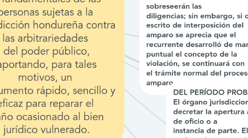 Mind Map: La acción de amparo es una institución del derecho procesal constitucional, y, a su vez, concebida como un mecanismo de control constitucional, cuyo objetivo primordial es tutelar los derechos humanos o fundamentales de las personas sujetas a la jurisdicción hondureña contra las arbitrariedades del poder público, aportando, para tales motivos, un instrumento rápido, sencillo y eficaz para reparar el daño ocasionado al bien jurídico vulnerado.