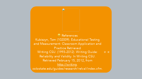 Mind Map: References Kubiszyn, Tom (102009). Educational Testing and Measurement: Classroom Application and Practice Retrieved Writing CSU. (1993-2012). Writing Guide: Reliability and Validity. In Writing CSU. Retrieved February 15, 2012, from http://writing. colostate.edu/guides/research/relval/index.cfm.