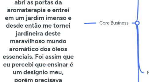 Mind Map: Eu sou Suzane Favretto, licenciada em Artes plásticas e com o amor por ensinar desde criança.  As escolhas da vida me fizeram trabalhar com MODA ao longo dos meus últimos 20 anos. Durante esse período, ensinei e preparei muitos profissionais dentro desta área. Nos últimos 5 anos, algumas coisas começaram a não fazer mais sentido para mim, mas a vontade de ensinar continua a me motivar muito. E durante essa transição  que descobri o incrível mundo dos óleos essenciais através de uma pessoa muito carismática e acolhedora. Senti como se fosse uma mensagem que chegava até mim e realmente mergulhei nesse universo. Não só descobri que Óleos essenciais são muito mais do que aromas incríveis, como também abri as portas da aromaterapia e entrei em um jardim imenso e desde então me tornei jardineira deste maravilhoso mundo aromático dos óleos essenciais. Foi assim que eu percebi que ensinar é um desígnio meu, porém precisava encontrar a mensagem certa a ser multiplicada e trazer esse resgate dos conhecimentos ancestrais sobre o poder da NATUREZA move meus dias e minha vida.  Tive vários momentos  durante esse caminho, me senti decepcionada por só agora saber do poder dos óleos essenciais, tantas coisas já poderiam ter sido diferentes na minha vida. Depois me questionei muito sobre porque esse conhecimento demorou tanto a chegar até mim, e assim como eu, tão poucas pessoas sabiam do quanto a aromaterapia poderia ser uma opção mais saudável para elas. Em um período curto, já era eu quem levava essa informação para as pessoas ao meu redor e com uma vontade muito grande de espalhar esse conhecimento.