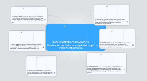 Mind Map: EVOLUCIÓN DE LOS HOMÍNIDOS : Clasificación por orden de antigüedad ,origen y características físicas.