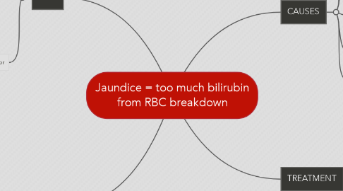 Mind Map: Jaundice = too much bilirubin from RBC breakdown