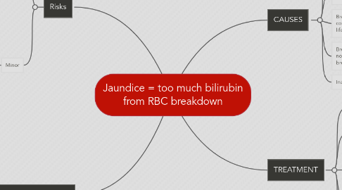 Mind Map: Jaundice = too much bilirubin from RBC breakdown