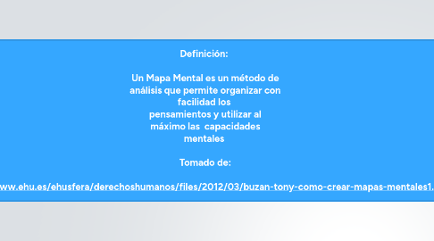 Mind Map: Definición: Un Mapa Mental es un método de análisis que permite organizar con facilidad los pensamientos y utilizar al máximo las capacidades mentales Tomado de: http://www.ehu.es/ehusfera/derechoshumanos/files/2012/03/buzan-tony-como-crear-mapas-mentales1.pdf