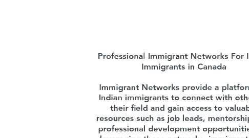 Mind Map: Professional Immigrant Networks For Indian Immigrants in Canada  Immigrant Networks provide a platform for Indian immigrants to connect with others in their field and gain access to valuable resources such as job leads, mentorship, and professional development opportunities. By leveraging these networks, immigrants can accelerate their integration into the Canadian job market and build successful careers. It delves into the challenges that immigrants face in Canada and the role that these networks play in helping them overcome those challenges. Visit us: https://immigrantnetworks.com/ambassadors