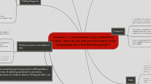 Mind Map: Question 7 ; Looking back in your preliminary product, what do you feel you have learnt in the progression from it to the full product ?