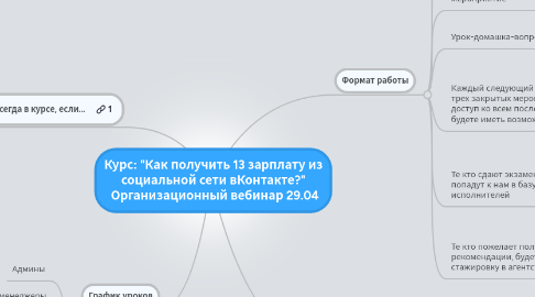 Mind Map: Курс: "Как получить 13 зарплату из социальной сети вКонтакте?"  Организационный вебинар 29.04