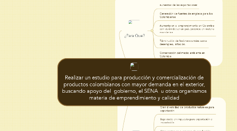 Mind Map: Realizar un estudio para producción y comercialización de productos colombianos con mayor demanda en el exterior, buscando apoyo del  gobierno, el SENA  u otros organismos materia de emprendimiento y calidad