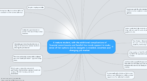 Mind Map: A mature student, with the additional complications of financial commitments and familial ties needs support to make sense of her options and to navigate a crowded, uncertain and changing job market.