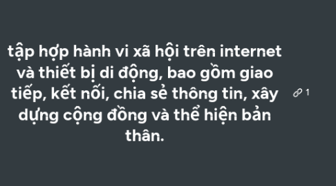 Mind Map: tập hợp hành vi xã hội trên internet và thiết bị di động, bao gồm giao tiếp, kết nối, chia sẻ thông tin, xây dựng cộng đồng và thể hiện bản thân.