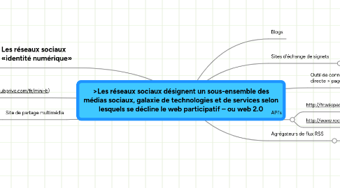 Mind Map: >Les réseaux sociaux désignent un sous-ensemble des médias sociaux, galaxie de technologies et de services selon lesquels se décline le web participatif – ou web 2.0