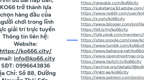 Mind Map: KO66 là nhà cái cá cược trực tuyến uy tín, cung cấp các dịch vụ đa dạng như thể thao, casino, và xổ số. Với giao diện dễ sử dụng, hệ thống bảo mật hiện đại và chương trình ưu đãi hấp dẫn, KO66 trở thành lựa chọn hàng đầu của người chơi trong lĩnh vực giải trí trực tuyến Thông tin liên hệ: Website: https://ko666.city/ Email: info@ko66.city SĐT: 0996643836 Địa Chỉ: Số 88, Đường Nguyễn Thái Sơn, Phường 3, Quận Gò Vấp, Hồ Chí Minh, Việt Nam. Hagtag: #ko66 #ko66city #trangchuko66 #dangnhapko66