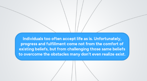 Mind Map: Individuals too often accept life as is. Unfortunately, progress and fulfillment come not from the comfort of existing beliefs, but from challenging those same beliefs to overcome the obstacles many don't even realize exist.