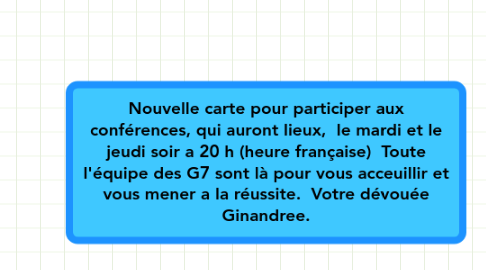 Mind Map: Nouvelle carte pour participer aux conférences, qui auront lieux,  le mardi et le jeudi soir a 20 h (heure française)  Toute l'équipe des G7 sont là pour vous acceuillir et vous mener a la réussite.  Votre dévouée Ginandree.