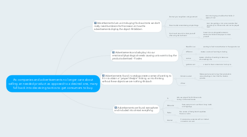 Mind Map: As companies and advertisements no longer care about selling an needed product as opposed to a desired one, many fall back into deceiving tactics to get consumers to buy.