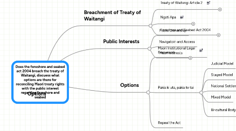 Mind Map: Does the foreshore and seabed act 2004 breach the treaty of Waitangi, discuess what options are there for reconciling Maori treaty rights with the public interest regarding foreshore and seabed