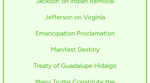 Mind Map: Post the link to the mindmap below under questions.  Note the US flag flying over the Mexican national palace.  Indian Removal, Extract from Andrew Jackson's Seventh Annual Message to Congress  Jackson on Indian Removal  Jefferson on Virginia  Emancipation Proclamation  Manifest Destiny  Treaty of Guadalupe Hidalgo  Many Truths Constitute the Past, David Weber  A War of Violence, Antonia Castaneda  As Long as the Grass Grows or Water Runs, A People's History of the United States, Howard Zinn  African Americans, Part One