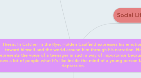 Mind Map: Thesis: In Catcher in the Rye, Holden Caulfield expresses his emotions toward himself and the world around him through his narration. He represents the voice of a teenager in such a way of importance because it shows a lot of people what it's like inside the mind of a young person facing depression.