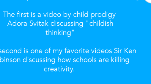 Mind Map: Watch the following two videos  http://www.exquisite-minds.com/creative-learning/  The first is a video by child prodigy  Adora Svitak discussing "childish thinking"  The second is one of my favorite videos Sir Ken Robinson discussing how schools are killing creativity.   Discuss, show images/videos/URLs, paste ideas  about how these videos relate to your experiences as a teacher.  Be sure to put your name on your comments.