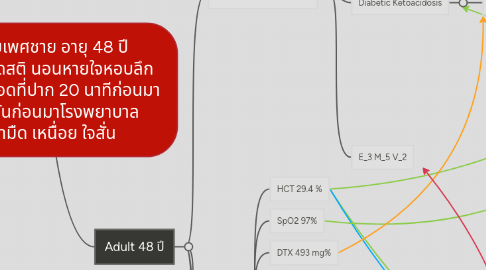Mind Map: ผู้ป่วยเพศชาย อายุ 48 ปี CC: หมดสติ นอนหายใจหอบลึก พบรอยเลือดที่ปาก 20 นาทีก่อนมา PI: 3 วันก่อนมาโรงพยาบาล หน้ามืด เหนื่อย ใจสั่น